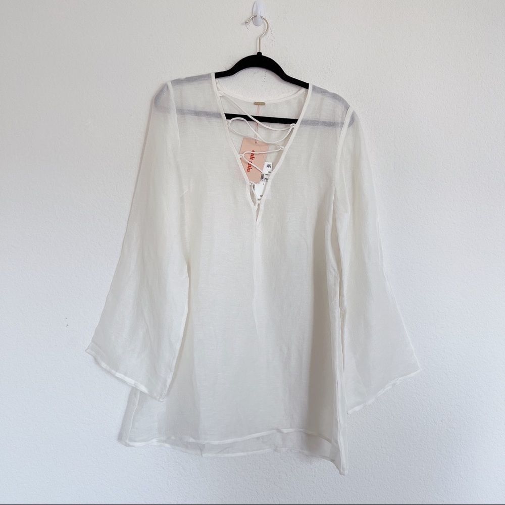NWT Cult Gaia Womens Naomi Ivory Lace Up Sheer Swim Top Cover-Up L - Picture 7 of 10